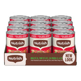 Nutrish Real Beef & Veggies chunks in gravy can closeup showing real beef and vegetables for protein-rich meals.