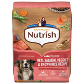 Nutrish real salmon dog food front label highlights main ingredient