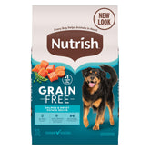 Nutrish grain free salmon and sweet potato bag—real salmon supports lean muscle.