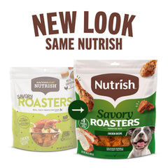 Nutrish Savory Roasters label highlights no corn or soy and no by-product meals.