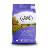 NutriSource puppy food bag for small breeds with chicken meal and rice for healthy nourishment.