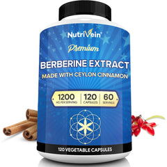 Nutrivein Berberine 1200mg bottle shown for daily digestion and metabolism support.