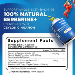 Nutrivein Berberine Cinnamon capsules label highlights cinnamon's role in sugar metabolism.