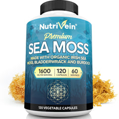 Nutrivein sea moss 1600mg bottle label highlights premium minerals for daily wellness