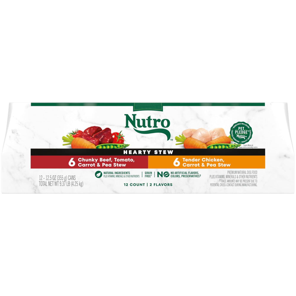 Nutro Hearty Stew chicken cans show real meat as the top ingredient.