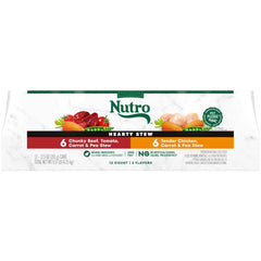 Nutro Hearty Stew chicken cans show real meat as the top ingredient.