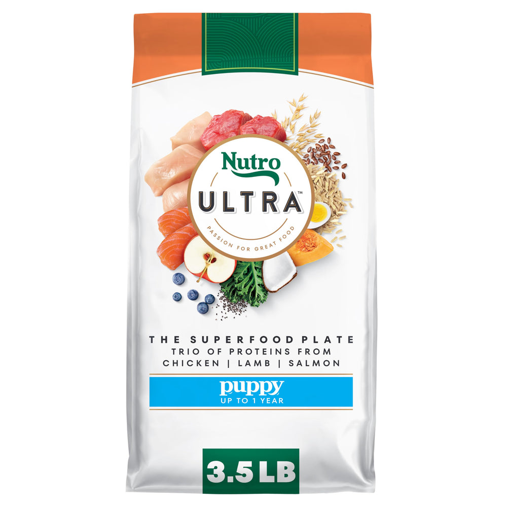 Nutro Ultra puppy food with chicken-lamb-salmon kibble in bowl supports balanced energy