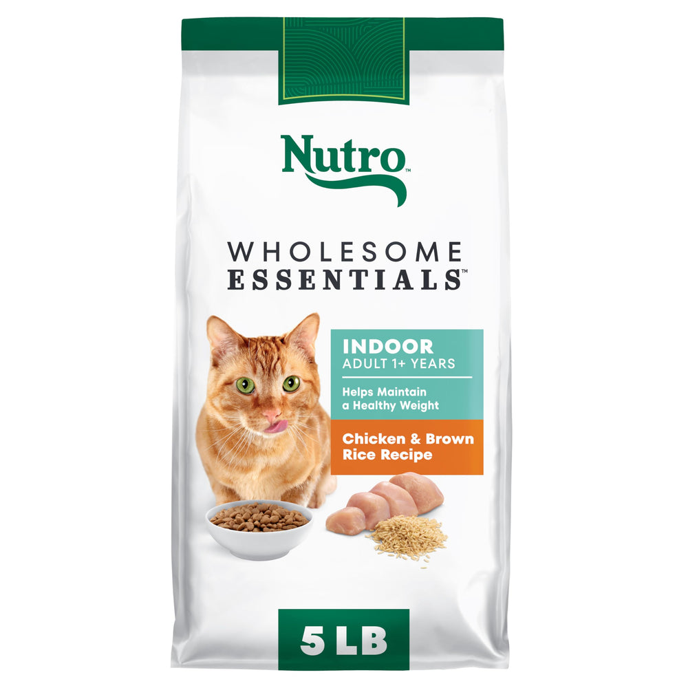 Nutro Wholesome Essentials Indoor Dry Cat Food showing real chicken first ingredient for picky indoor cats