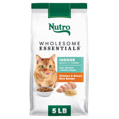 Nutro Wholesome Essentials Indoor Dry Cat Food showing real chicken first ingredient for picky indoor cats