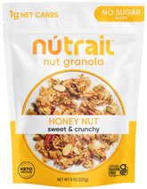 NuTrail Honey Nut granola bowl with milk, gluten-free and keto-friendly.