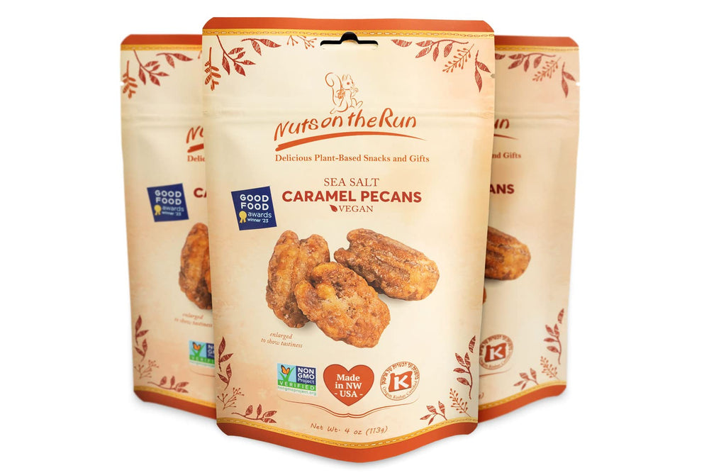 Nuts on the Run sea salt caramel pralines packaging, ideal gift snack