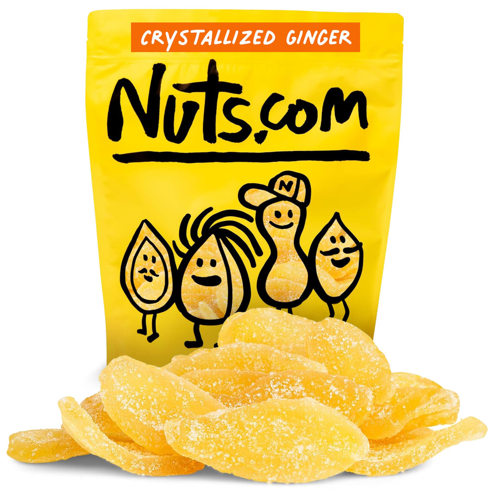 Nutscom crystallized ginger pieces in resealable bag, on-the-go digestive snack.
