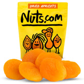 Nuts.com Turkish dried apricots 2lb bag closeup show juicy texture and convenient resealable packaging.