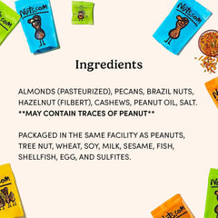 Nuts.com Premium nut medley featuring almonds, cashews, pecans, Brazil nuts, hazelnuts.