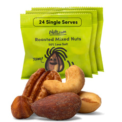 Nuts.com Roasted Mixed Nuts with 50% less salt in a convenient pack for flavor and freshness.