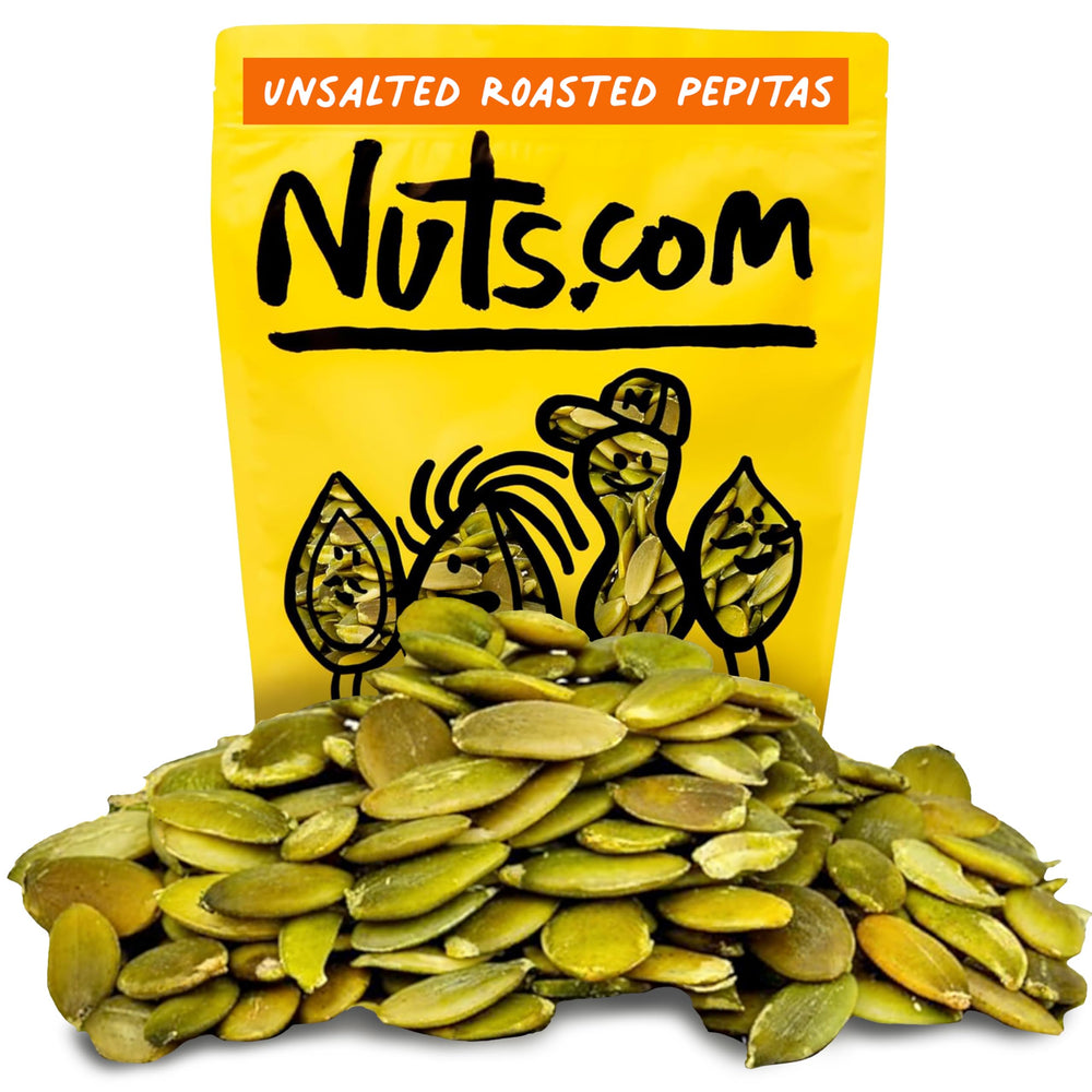 Nuts.com roasted pepitas 2lb bag unsalted, no shell, ideal low-sodium snack.