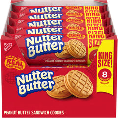 Nutter Butter king-size box front showing eight-cookie snack packs for on-the-go snacking.