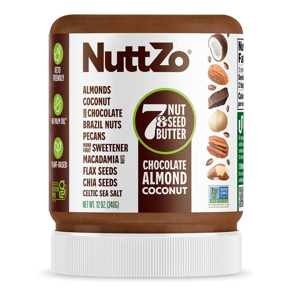 NuttZo Keto Chocolate Almond Coconut jar close-up showing rich texture and low carb appeal.