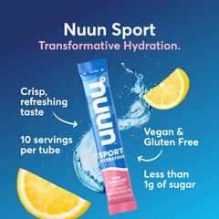 Nuun Sport Pink Lemonade dissolving in a 16 oz glass of water.