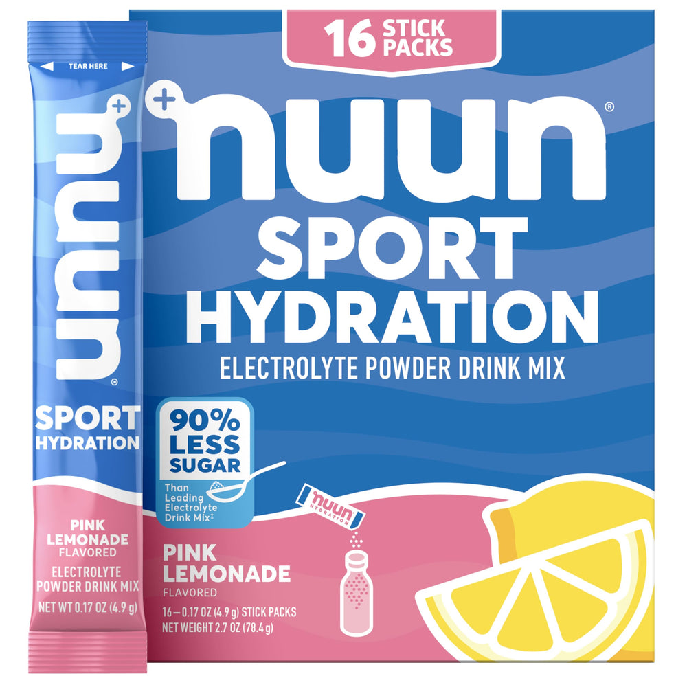 Nuun Sport Pink Lemonade packet dissolving in water for on-the-go hydration.