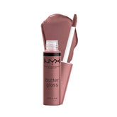 NYX Butter Gloss Cinnamon Roll application shows silky texture for smooth lips