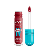 NYX Lip IV hydrating glossy lip stain Berry Thirsty bottle shows instant wet shine.