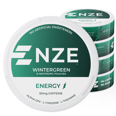 NZE Caffeine Nootropic Pouches Wintergreen can front for quick energy