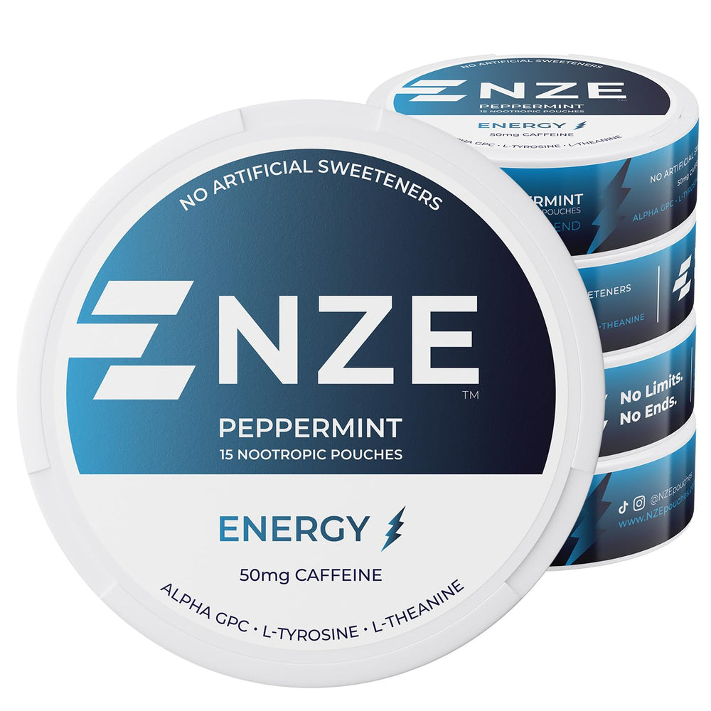 NZE Caffeine Nootropic Pouches peppermint can front for on-the-go energy.