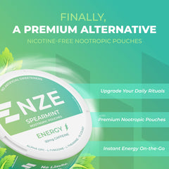 NZE Caffeine Nootropic Pouches spearmint pack front for convenient daily use