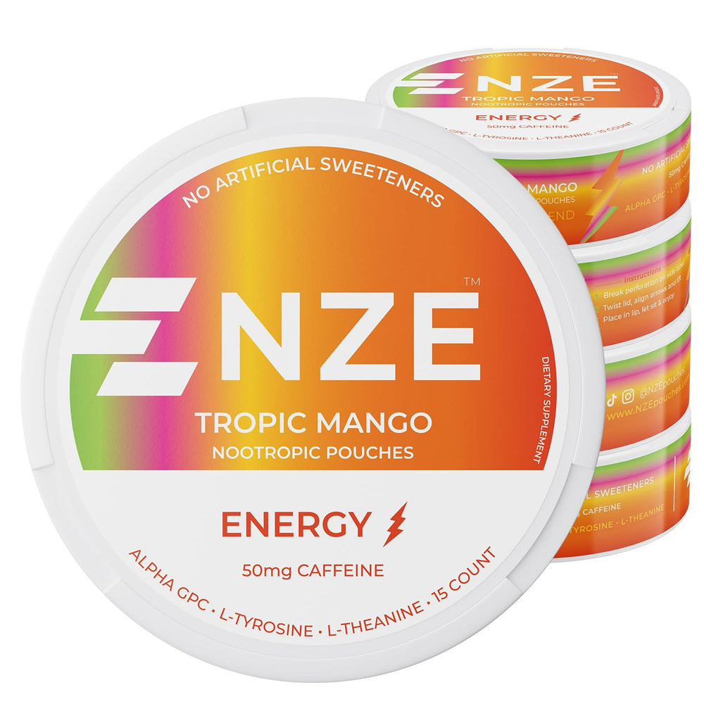 NZE Caffeine Nootropic Pouches Tropic Mango can front for on-the-go energy boost