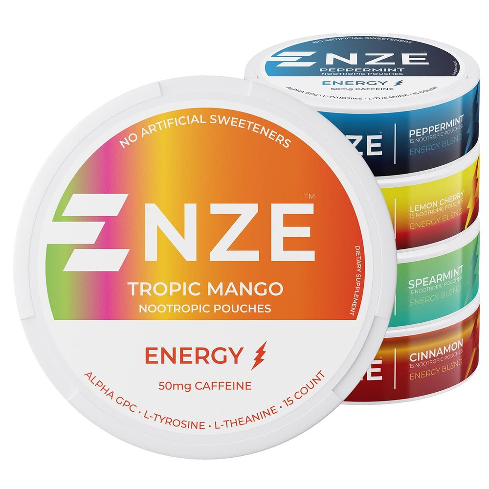 NZE Caffeine Nootropic pouches variety pack can front view for quick energy boost