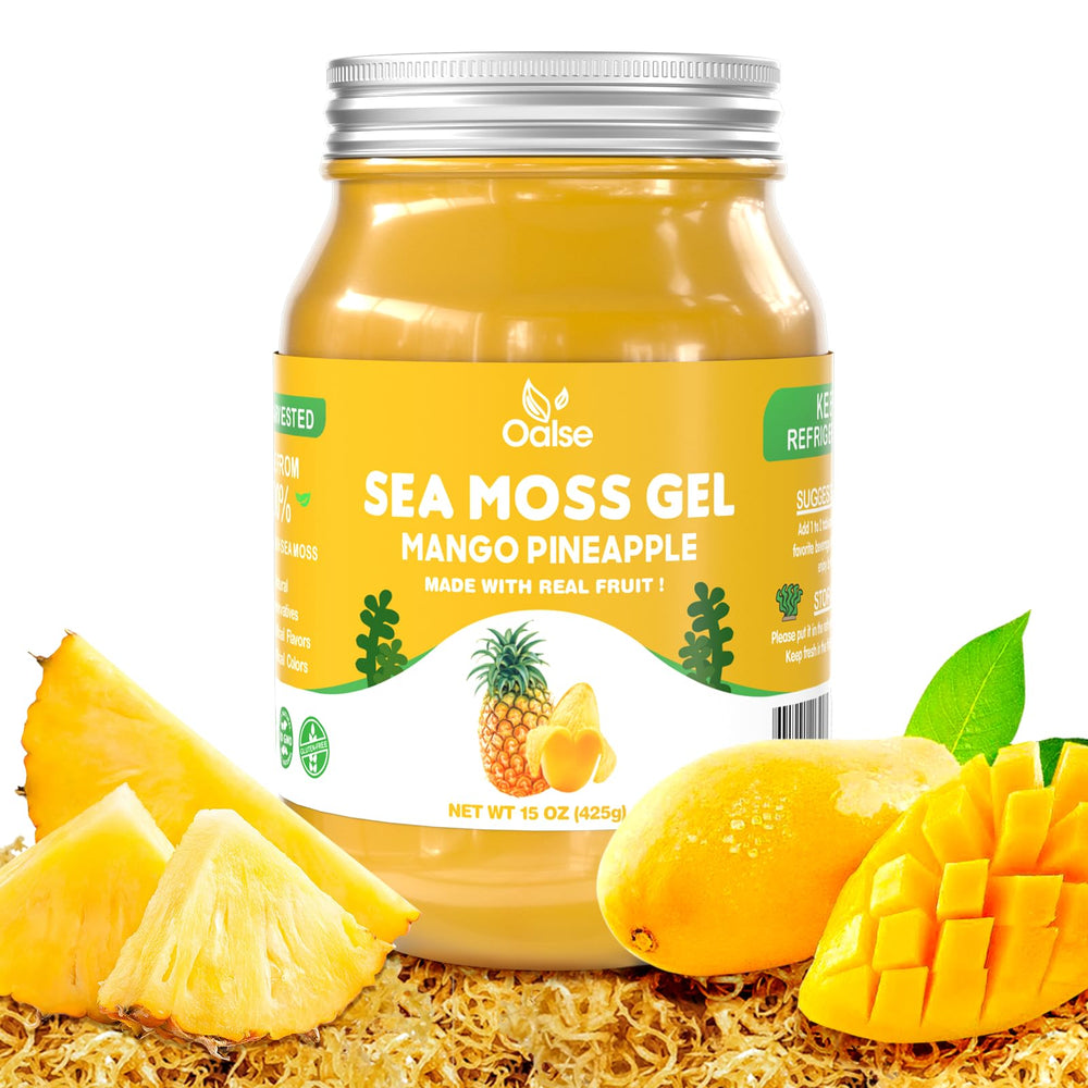 OALSE Sea Moss Gel mango pineapple bottle, premium gel for smoothies and everyday use.