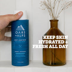Oars + Alps body wash lather close-up demonstrates rich foam for moisturized skin.