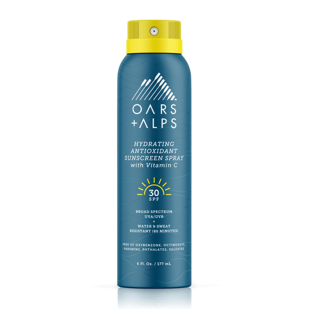 Oars and Alps SPF 30 spray bottle for face and body, fast-absorbing protection.