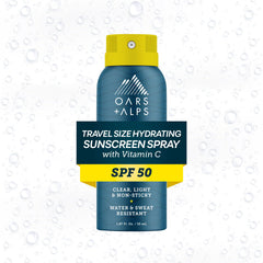 Oars + Alps SPF 50 spray bottle for quick, even coverage on face and body