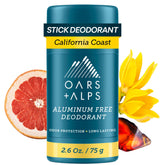 Oars + Alps California Coast deodorant bottle front showing a clear aluminum-free formula.