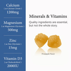 Label on OASIS FORCE gummies showing minerals and vitamins for bone health