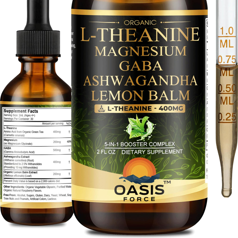 OASIS FORCE L-Theanine 400mg liquid drops bottle for easy dosing.