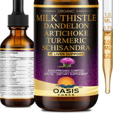 OASIS FORCE Milk Thistle liquid bottle label highlighting silymarin for liver support