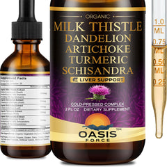 OASIS FORCE Milk Thistle liquid bottle label highlighting silymarin for liver support