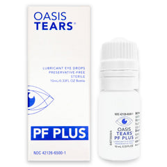 Oasis TEARS OT6500 PF Plus bottle closeup, preservative-free formula for gentle lubrication.