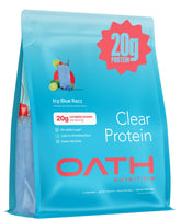 Oath Clear Whey ICY Blue Razz bottle shows refreshing, sugar-free protein on the go.