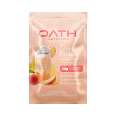 Oath Clear Whey Isolate Peaches & Cream being poured for a refreshing protein drink