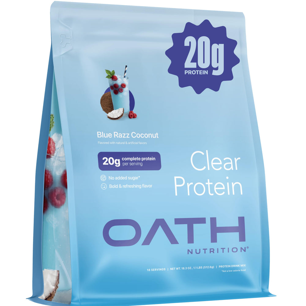 Oath Nutrition Clear Whey Isolate bottle with Blue Razz Coconut offers refreshing protein for workouts.