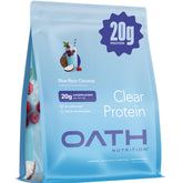 Oath Nutrition Clear Whey Isolate bottle with Blue Razz Coconut offers refreshing protein for workouts.