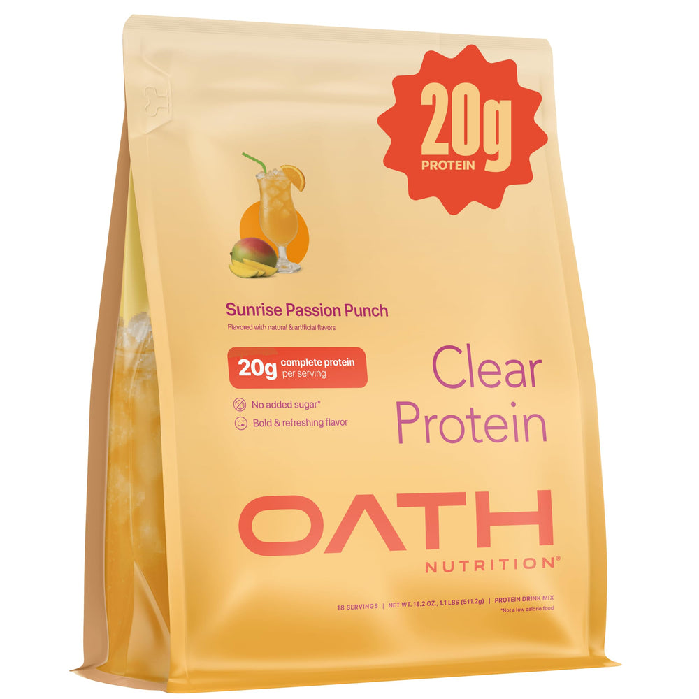 Oath Nutrition Clear Whey juice pour demonstrates a juice-like protein shake option for workouts.