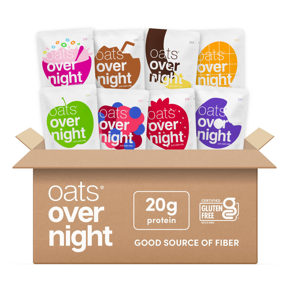 Oats Overnight fruit variety pack packshot highlights convenient high-protein mornings.