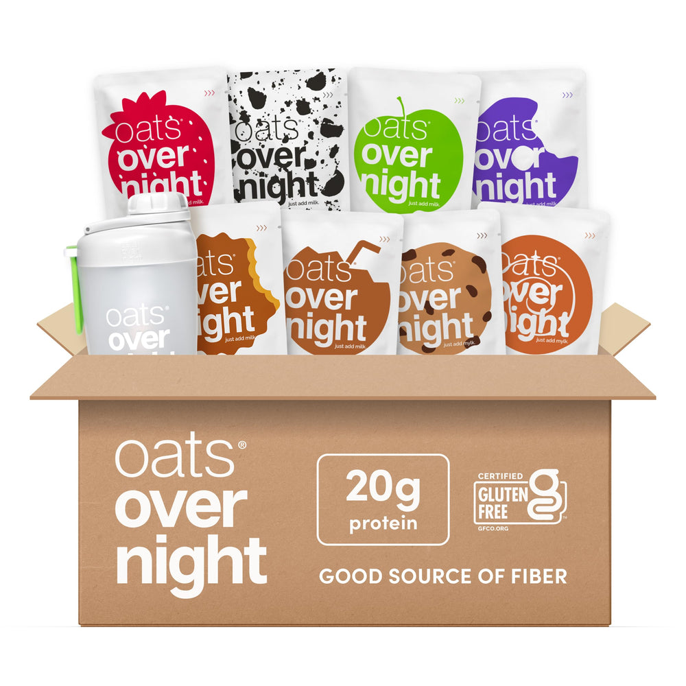 Oats Overnight party variety pack with shaker bottle for grab-and-go mornings.