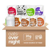 Oats Overnight party variety pack with shaker bottle for grab-and-go mornings.