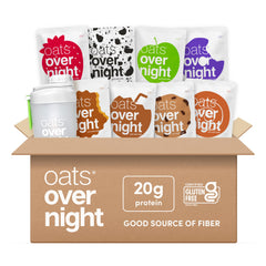 Oats Overnight party variety pack with shaker bottle for grab-and-go mornings.